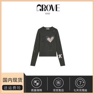 T恤 EDGE韩国小众撞色爱心字母印花钉珠圆领长袖 GROVE 女 现货