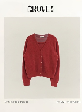 【现货】GROVE EDGE韩国韩版圣诞红简洁纯色针织吊带开衫两件套女