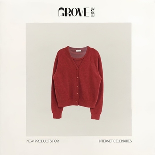 圣诞红简洁纯色针织吊带开衫 EDGE韩国韩版 GROVE 两件套女 现货