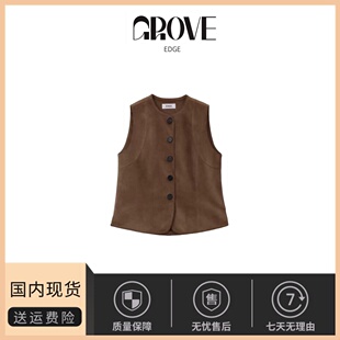 【现货】GROVE EDGE复古咖色麂皮绒无袖马甲女经典单排扣马夹上衣