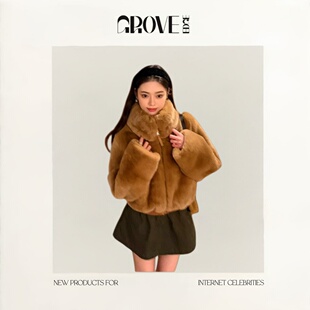 【现货】GROVE EDGE棕色皮草短款毛外套气质翻领保暖加厚长袖上衣