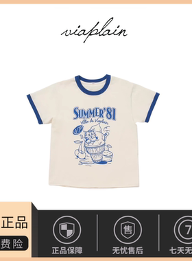 【现货】viaplain韩系宽松圆领减龄小猫图案印花宽松短袖T恤上衣