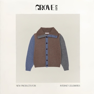 EDGE韩国设计师羊毛拼接撞色毛衣立领单排扣针织衫 GROVE 现货