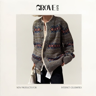 EDGE蕾丝花边羊毛毛衣开衫 GROVE 韩系费尔岛色系提花外套 现货