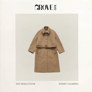 【现货】GROVE EDGE韩版八奶羊毛呢大衣宽松单排扣系腰带长款外套