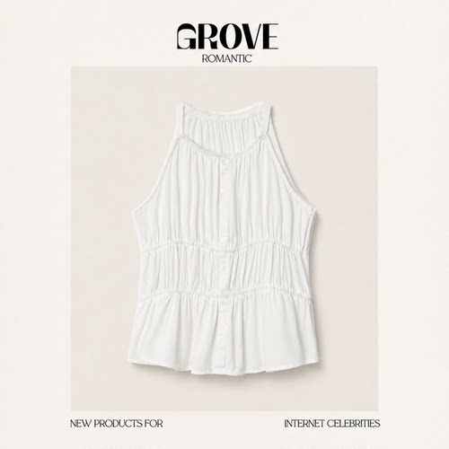 【现货】GROVE ROMANTIC韩系小众挂脖褶皱背心夏收腰显瘦无袖上衣
