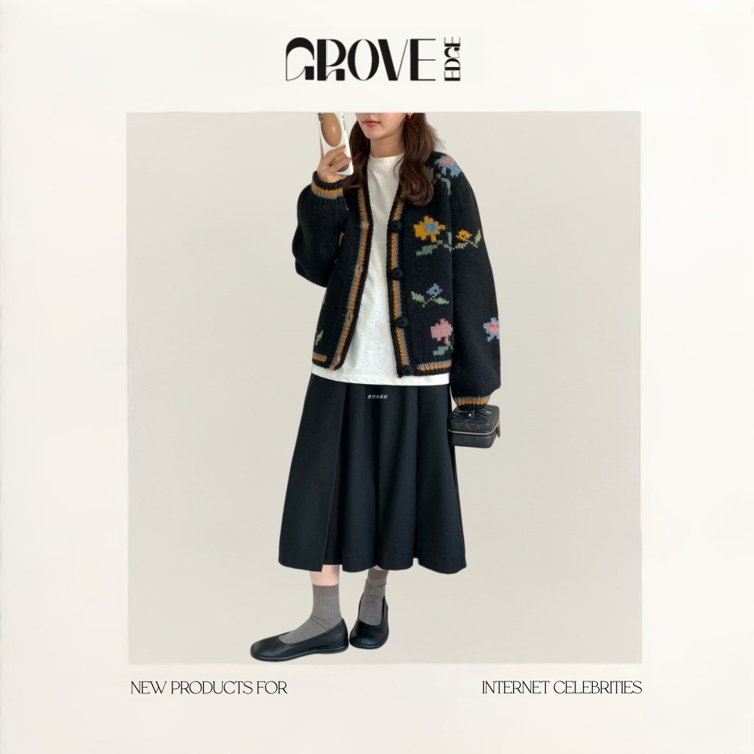 【现货】GROVE EDGE韩国东大门egg花朵开衫v领单排扣图案毛衣外套
