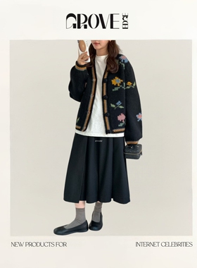 【现货】GROVE EDGE韩国东大门egg花朵开衫v领单排扣图案毛衣外套