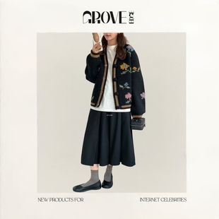 EDGE韩国东大门egg花朵开衫 GROVE v领单排扣图案毛衣外套 现货