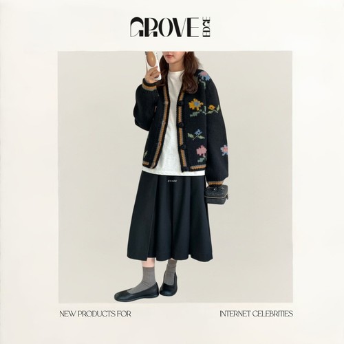 【现货】GROVE EDGE韩国东大门egg花朵开衫v领单排扣图案毛衣外套