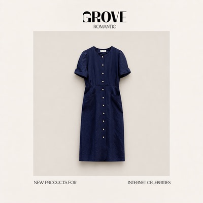 【现货】GROVE ROMANTIC韩版法式复古纽扣收腰棉麻连衣裙温柔长裙