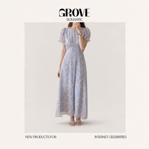 【现货】GROVE ROMANTIC法式气质优雅碎花圆领连衣裙甜美短袖长裙