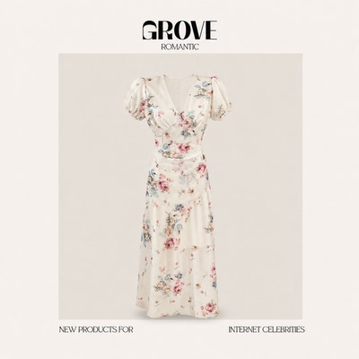 【现货】GROVE ROMANTIC夏新款韩国东大门甜美花朵V领短袖连衣裙