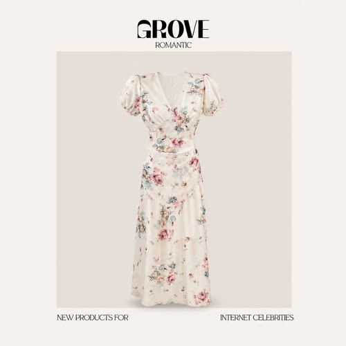 【现货】GROVE ROMANTIC夏新款韩国东大门甜美花朵V领短袖连衣裙
