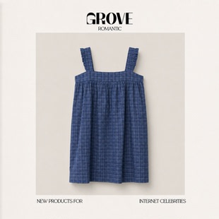 【现货】GROVE ROMANTIC韩国格纹连衣裙韩系女装木耳边宽松吊带裙