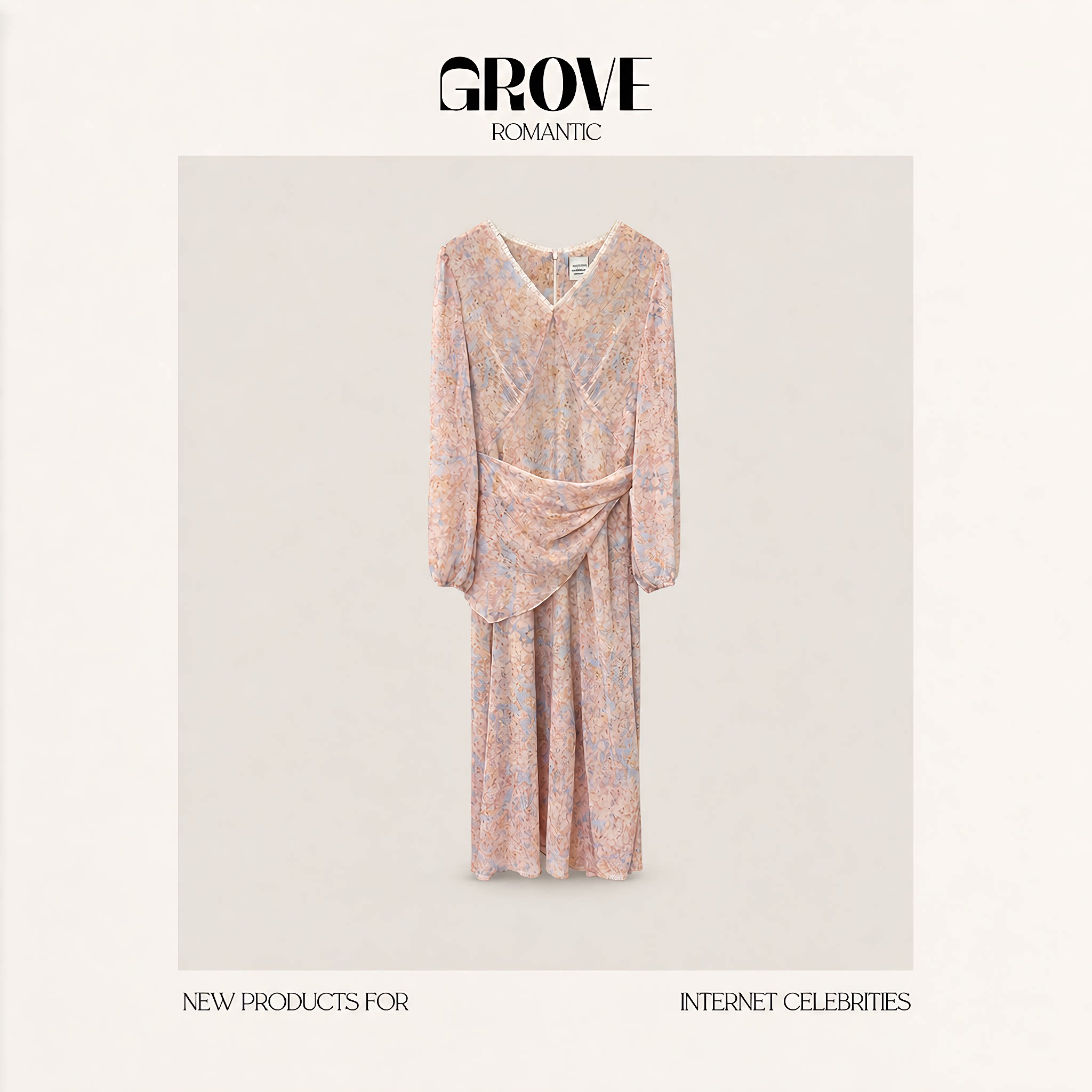 【现货】GROVE ROMANTIC莫奈花园！荷叶边V领收腰长袖碎花连衣裙 - 实物图