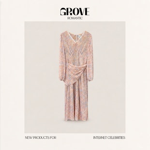 【现货】GROVE ROMANTIC春日花野~韩国温柔V领长袖蕾丝碎花连衣裙