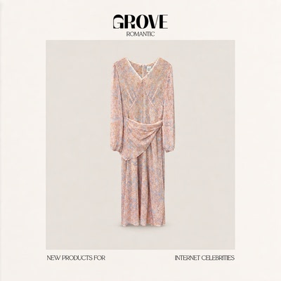 【现货】GROVE ROMANTIC莫奈花园！荷叶边V领收腰长袖碎花连衣裙