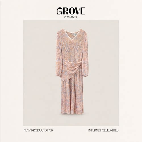 【现货】GROVE ROMANTIC春日花野~韩国温柔V领长袖蕾丝碎花连衣裙