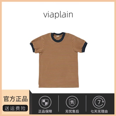 【现货】韩国viaplain fever同款折扣条纹美拉德风棕色短袖T恤女
