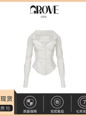 【现货】GROVE EDGE韩国小众 jennie同款 花边领蕾丝收腰长袖衬衫