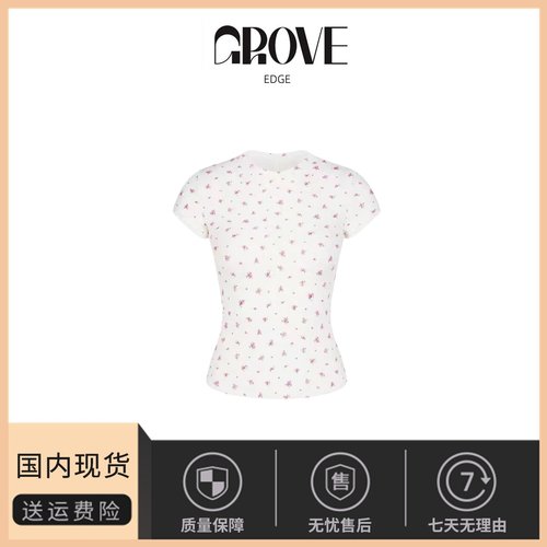 【现货】GROVE EDGE卡戴珊同款 袖口蕾丝花边碎花修身短袖T恤女