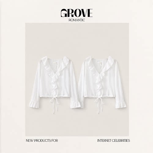 【现货】GROVE ROMANTIC夏新款韩国设计师荷叶V领系带八分袖衬衫