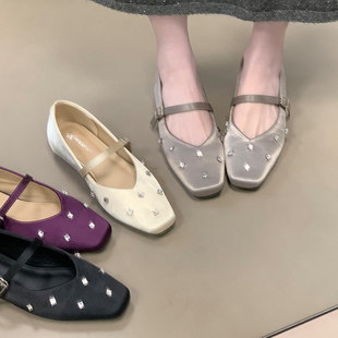 法式绸缎方头水钻内增高玛丽珍女鞋2026春秋新款一字带浅口单鞋女