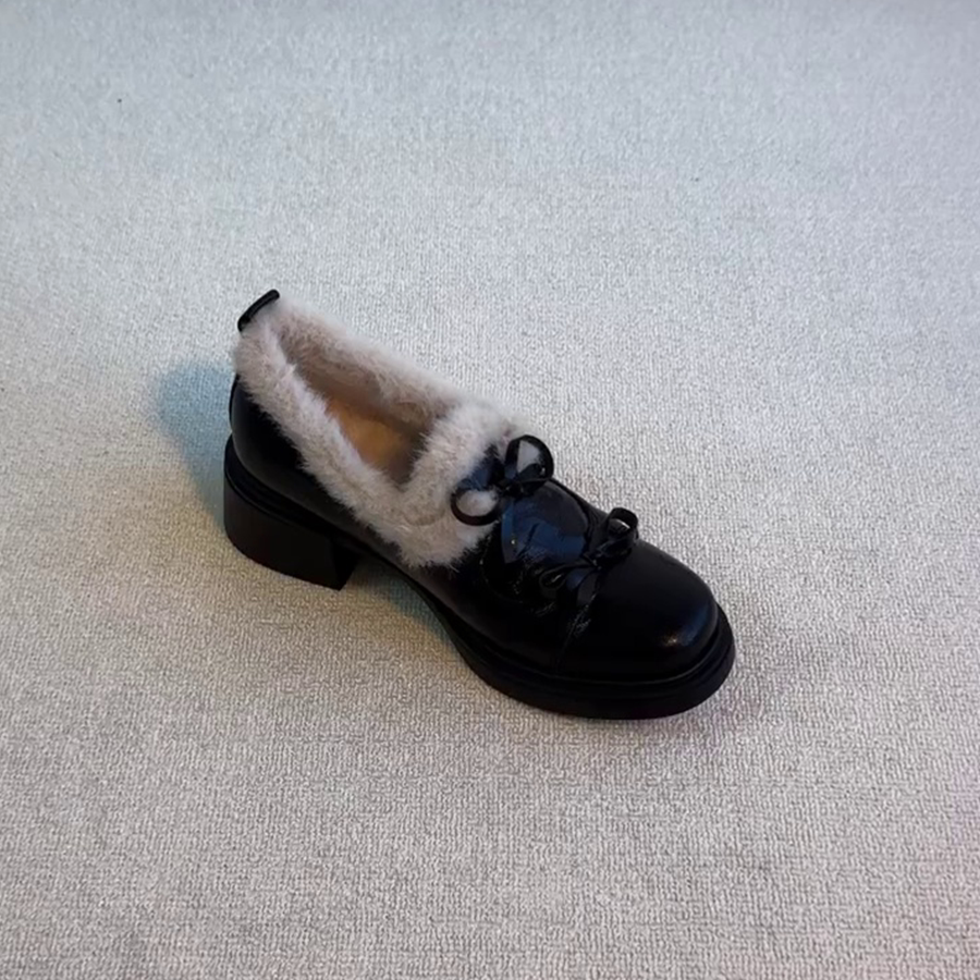 羊皮版~小众设计优雅高级感圆头蝴蝶结粗跟百搭女款加绒小皮鞋,女鞋,深口单鞋,淘宝优惠券,粉丝福利购,淘宝优惠卷