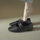 头层羊皮魔术贴玛丽珍鞋 女鞋 2026新款 超软 黑色圆头不累脚平底鞋