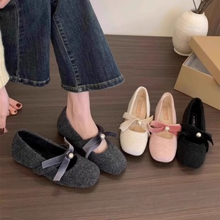 内增高粉色呢子单鞋女鞋子2025新款冬季加绒保暖法式玛丽珍毛毛鞋