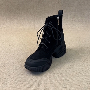 8cm增高厚底软羊皮小个子短靴秋冬款复古圆头侧拉链系带马丁靴女