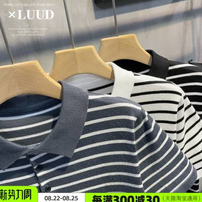 LUUD 复古潮流黑白条纹短袖修身透气休闲上衣夏季男士针织polo衫