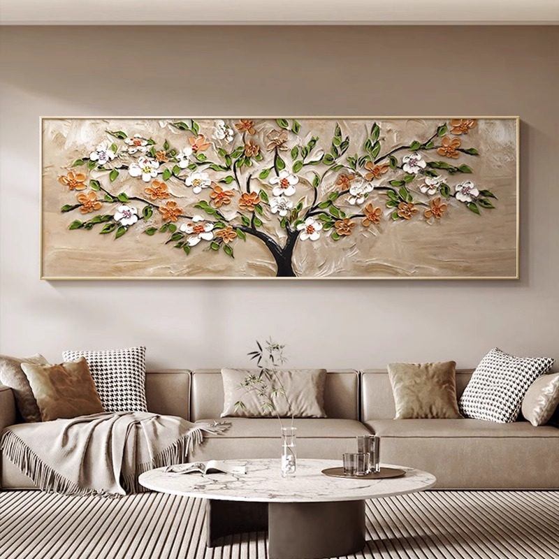 发财树横幅沙发背景墙装饰画奶油风肌理感客厅挂画轻奢高级感壁画