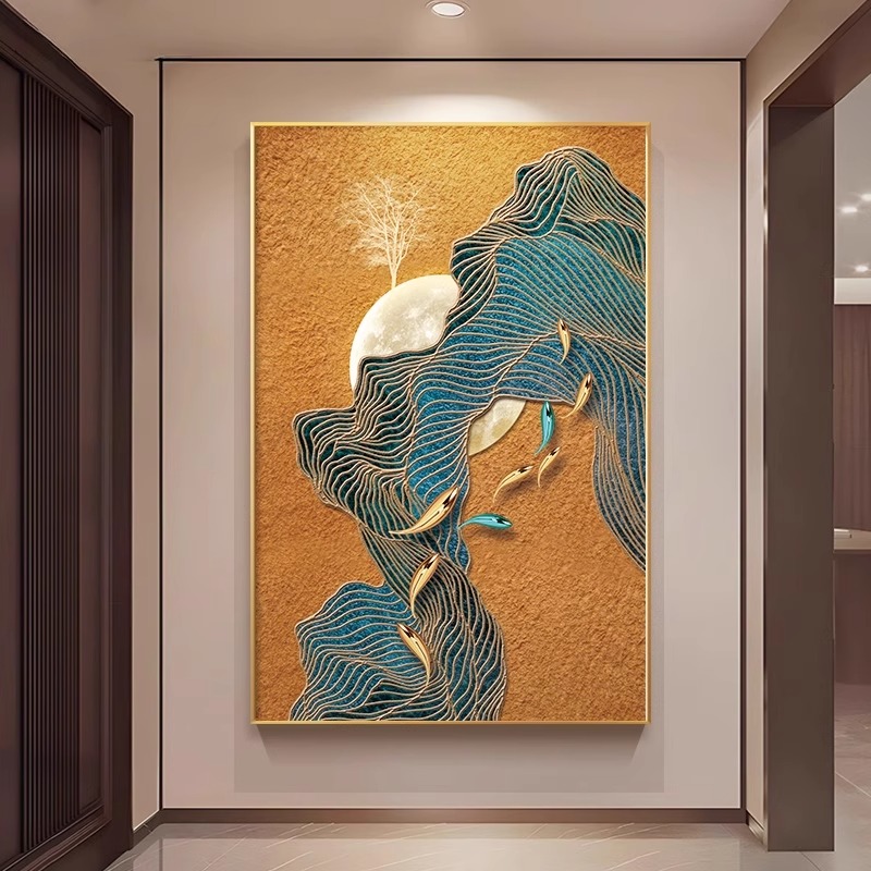 新中式别墅客厅大幅落地壁画入户走廊玄关装饰画现代过道高端挂画图片