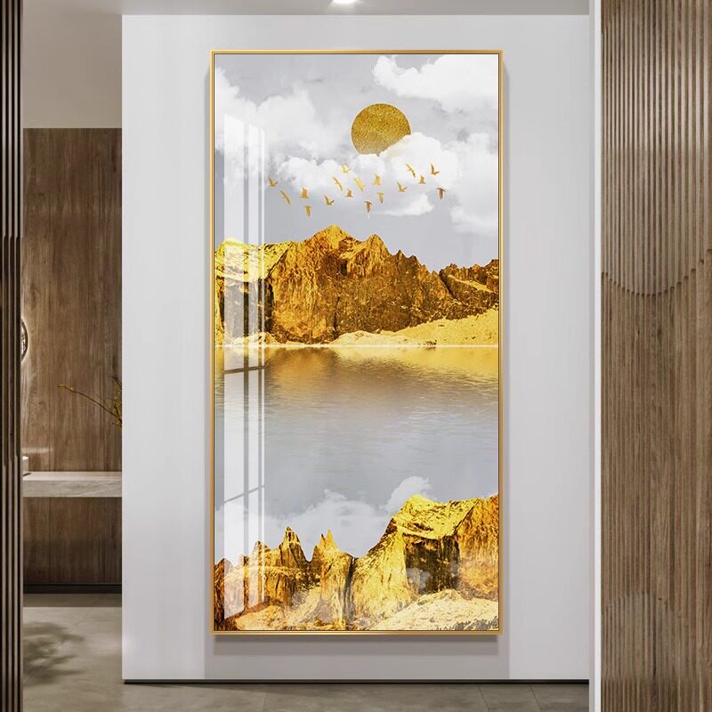 金辉大气玄关装饰画金色竖版山水画过道门厅背景墙画走廊尽头壁画