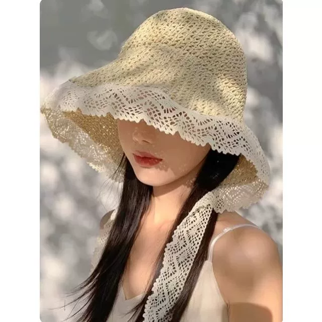 海边可折叠太阳帽子法式蕾丝花边