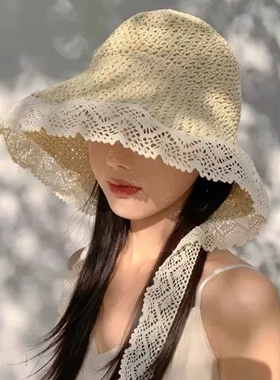海边可折叠太阳帽子法式蕾丝花边