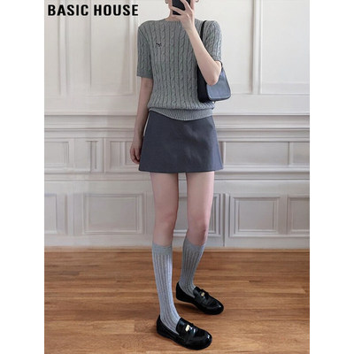 Basic House/百家好灰色西装短裙女2026春季学院风打底A字百褶裙