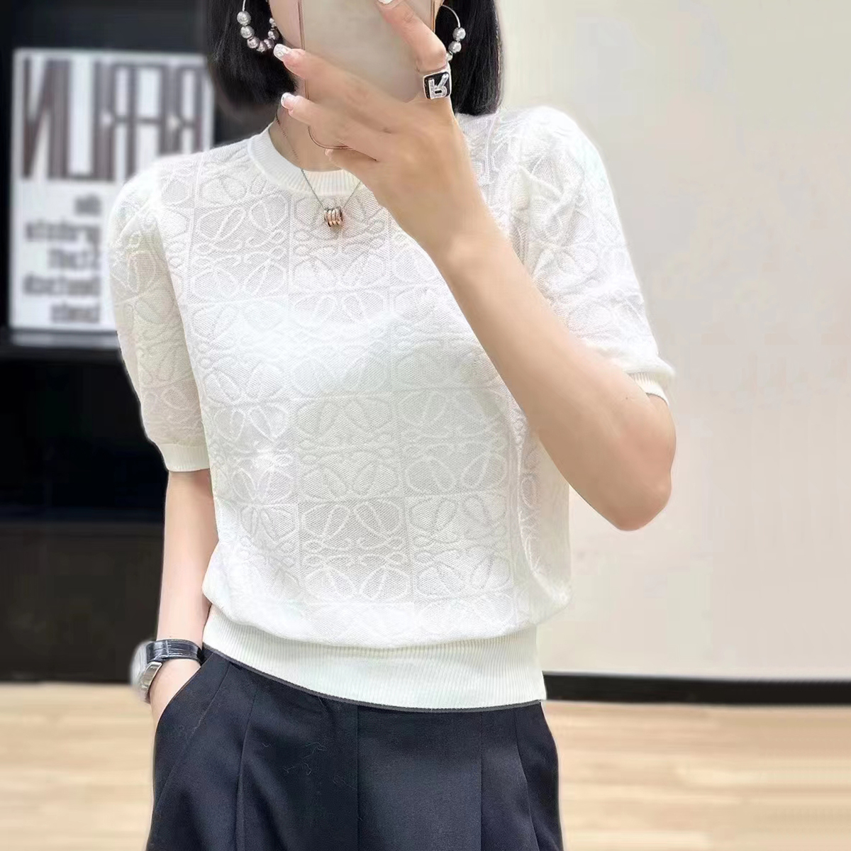 短袖薄款提花冰丝针织t恤女夏季