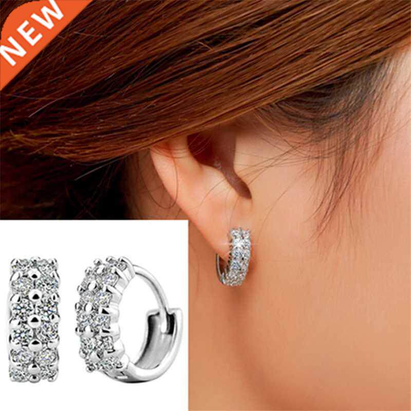 Hot 925 erling Silver Double Row Shiny Zircon Earrings Fem_虎窝淘