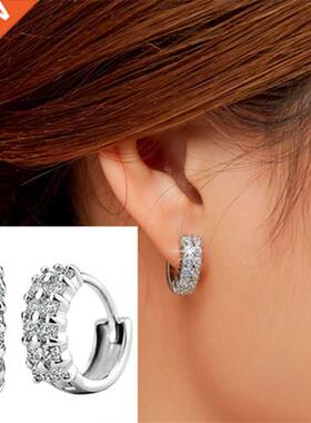 Hot 925 erling Silver Double Row Shiny Zircon Earrings Fem