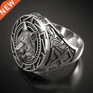 Vintage Relief Ancient Wolf Head Ring for Mens Viking Gothic