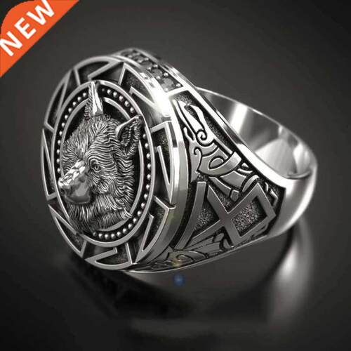 Vintage Relief Ancient Wolf Head Ring for Mens Viking Gothic