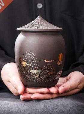 Black Tea Pu'er Canister with Roof Lid Caddy Purple Clay