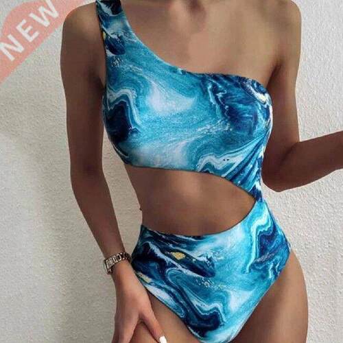Women One-piece Swimsuit One-shoulder High Waist Blue