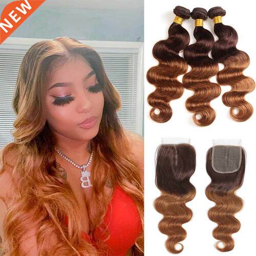 Colored Bo Wave Human Hair Bundles With Closure Brown Peru