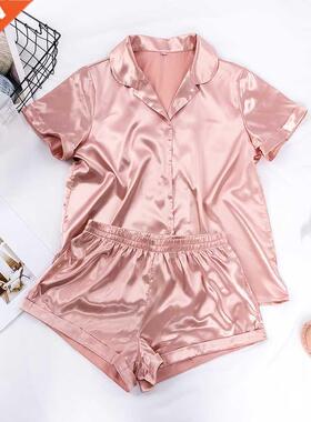 Women Sleepwear Summer Pajama Set Pink Turn Down Collar Faux