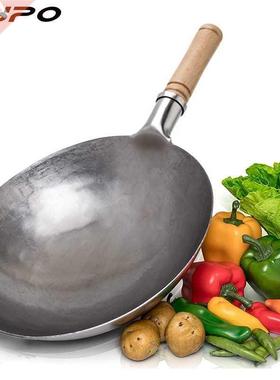 Craft Wok Traditional Hand Hammered Iron Wok with Wooden and