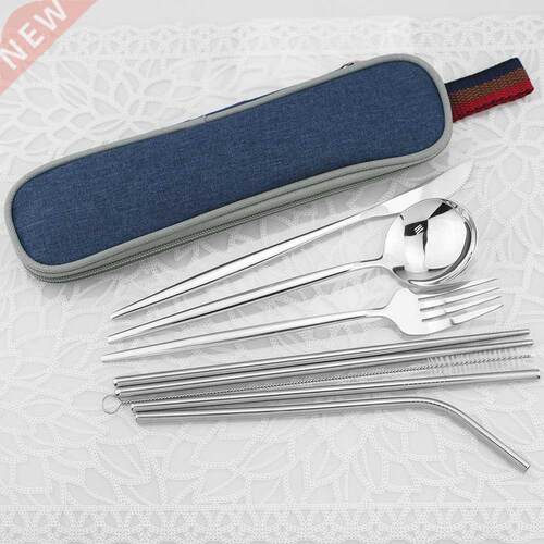 8pcs Portable Shiny Gold Travel Dinnerware Set Stainless Ste